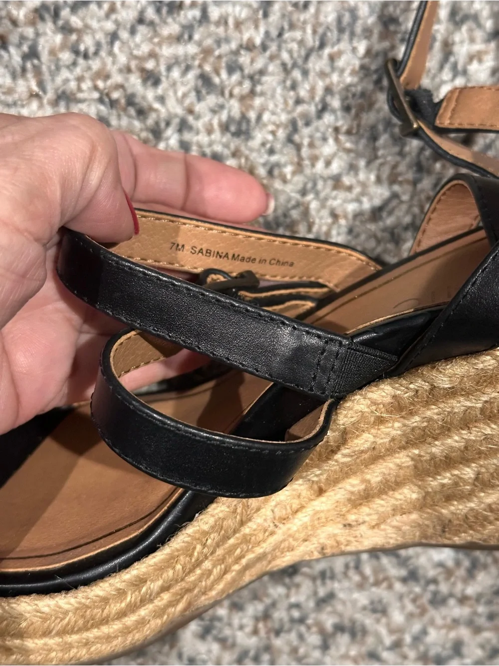 Vionic Black Leather Strappy Espadrille Wedge Sandals